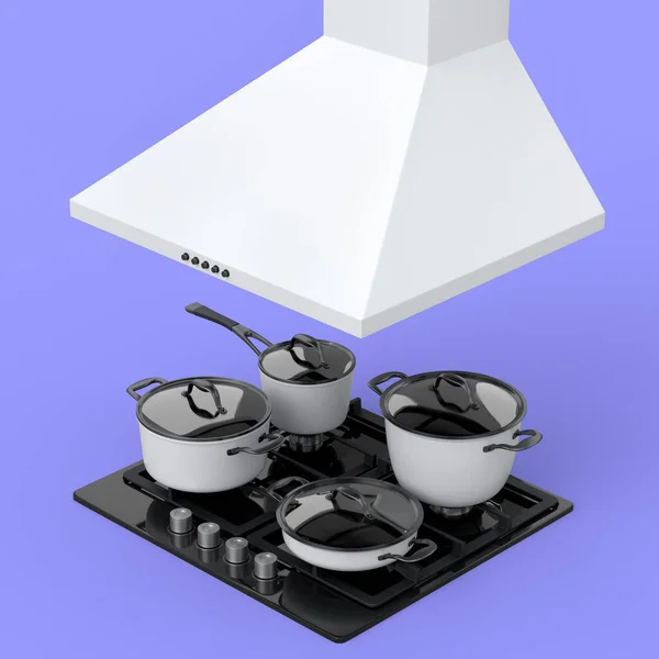 キッチン用品 シチューポット フライパン 食器棚にかかっているクロム調理器具 バイオレットを背景にフードの範囲を持つ電気またはガスコンロ調理器のセット 食品の調製と煮沸の3Dレンダリング — ストック写真