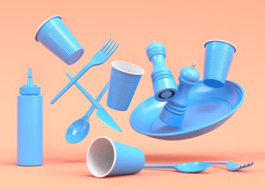 Tek renk arka planda tabak, kaşık, bıçak, bardak, biber ve tuz değirmeni gibi tek kullanımlık aletler. 3D dünyayı kurtarma ve sıfır atık kavramı