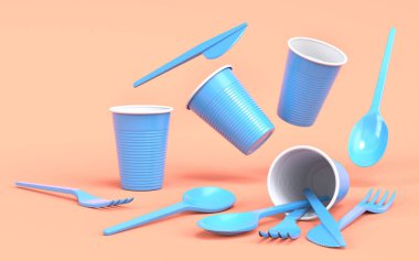Tek renk arka planda tabak, kaşık, bıçak ve bardak gibi tek kullanımlık aletler. 3D dünyayı kurtarma ve sıfır atık kavramı