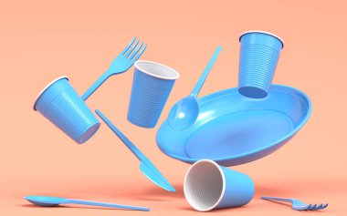 Tek renk arka planda tabak, kaşık, bıçak ve bardak gibi tek kullanımlık aletler. 3D dünyayı kurtarma ve sıfır atık kavramı