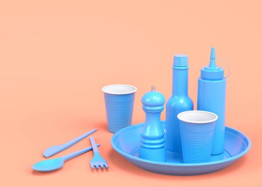 Tek renk arka planda tabak, kaşık, bıçak, bardak, biber ve tuz değirmeni gibi tek kullanımlık aletler. 3D dünyayı kurtarma ve sıfır atık kavramı