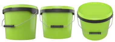 Plastik kutular ya da beyaz arka planı olan boya kovaları. 3D yenileme konsepti ve iç tasarım