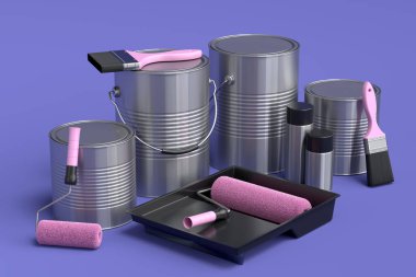 Set of metal and plastic buckets, spray paint, paint roller and brush for painting walls on violet background. 3d render of renovation apartment concept and interior design