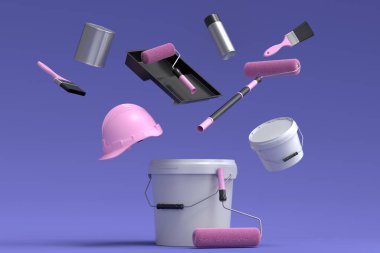 Set of metal cans or buckets with paint roller, brush and folding ladder for painting walls on violet background. 3d render of renovation apartment concept and interior design