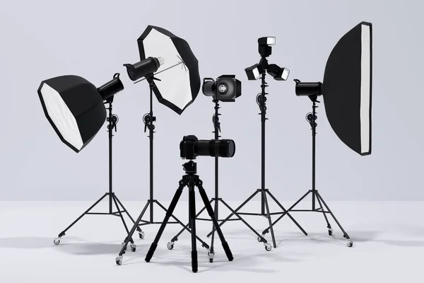 Fotografering Studio Blixt Ett Ljusstativ Isolerad Vit Bakgrund Med Gardin — Stockfoto