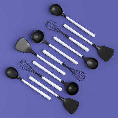 Wooden kitchen utensils, tools and equipment on violet background. 3d render of home kitchen tools and accessories for cooking