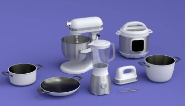 Electric kitchen appliances and utensils for making breakfast on violet background. 3d render of kitchenware for cooking, baking, blending and whipping