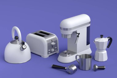 Electric kitchen appliances and utensils for making breakfast on violet background. 3d render of kitchenware for cooking, baking, blending and whipping