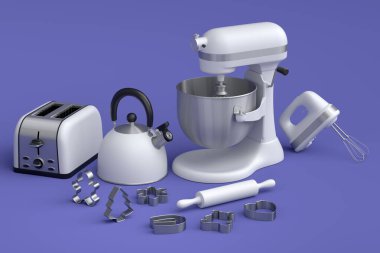 Mixer and metal bowl with kitchen utensil for preparation of dough on violet background. 3d render cooking process step by step and accessories for cooking, blending and mixing