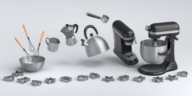 Beyaz arka planda hamur hazırlamak için mutfak gereçleriyle karıştırıcı ve metal kase. Aşçılık, harmanlama ve karıştırma için 3D pişirme süreci adım adım ve aksesuarları