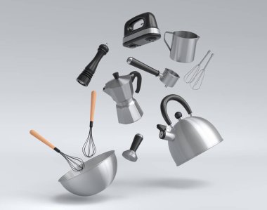 Beyaz arka planda hamur hazırlamak için mutfak gereçleriyle karıştırıcı ve metal kase. Aşçılık, harmanlama ve karıştırma için 3D pişirme süreci adım adım ve aksesuarları