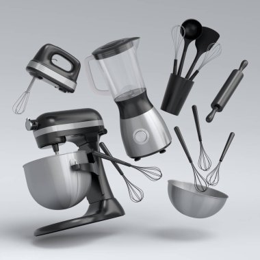 Beyaz arka planda hamur hazırlamak için mutfak gereçleriyle karıştırıcı ve metal kase. Aşçılık, harmanlama ve karıştırma için 3D pişirme süreci adım adım ve aksesuarları