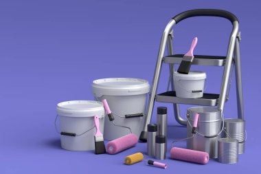 Set of metal cans or buckets with paint roller, brush and folding ladder for painting walls on violet background. 3d render of renovation apartment concept and interior design