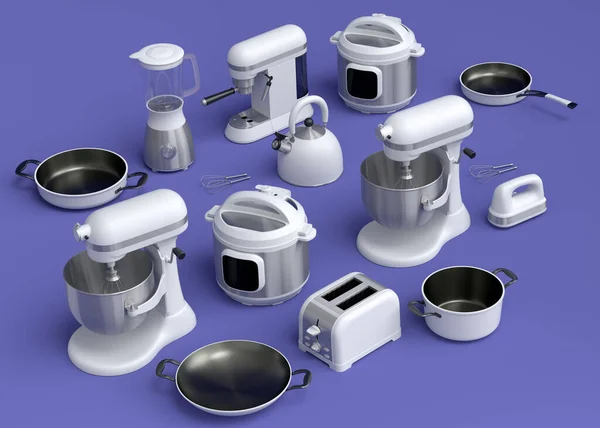 Electric Kitchen Appliances Utensils Making Breakfast Violet Background Render Kitchenware — Zdjęcie stockowe