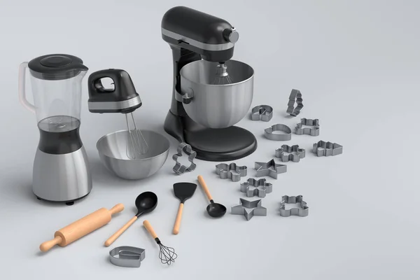 Mixer Und Metallschüssel Mit Küchenutensilien Zur Teigzubereitung Auf Weißem Hintergrund — Stockfoto
