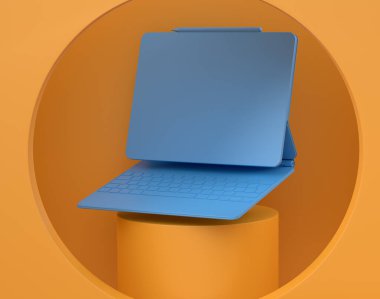 Monokrom arka planda klavyeli bilgisayar tabletli soyut sahne ya da podyum. Ürün sunumu için sahne hazırlama 3d Kişisel aksesuar ürünü sahnede, kaidede veya platformda
