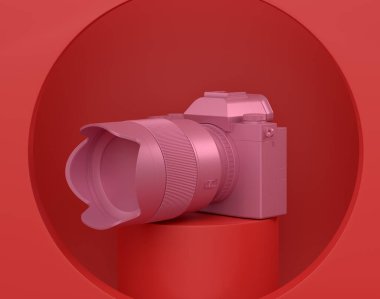 Monokrom arka planında DSLR kamerası ve lensi olmayan soyut sahne ya da podyum. Ürün sunumu için sahne hazırlama 3d Kişisel aksesuar ürünü sahnede, kaidede veya platformda