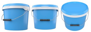 Plastik kutular ya da beyaz arka planı olan boya kovaları. 3D yenileme konsepti ve iç tasarım