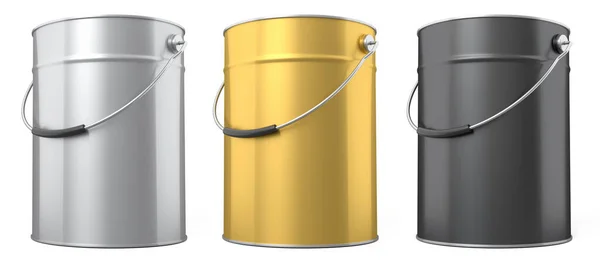 Set Metal Cans Buckets Paint Handle White Background Render Renovation — Stock Photo, Image