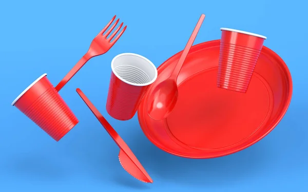 Set Disposable Utensils Plate Folk Spoon Knife Cup Blue Background —  Fotos de Stock