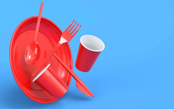 Set of disposable utensils like plate, folk, spoon,knife and cup on blue background. 3d render concept of save the earth and zero waste