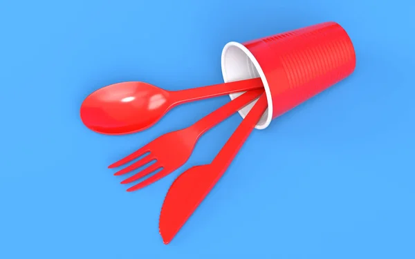 Set Disposable Utensils Plate Folk Spoon Knife Cup Blue Background — Foto de Stock