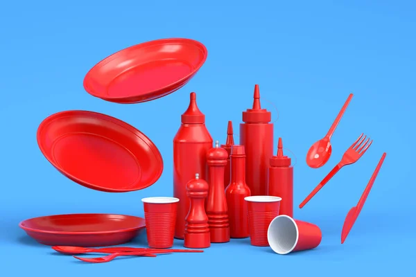 Set Disposable Utensils Plate Folk Spoon Knife Cup Pepper Salt — Stock Fotó