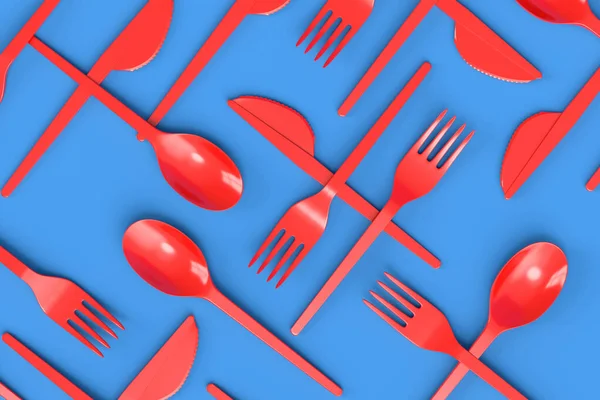 Set Disposable Utensils Spoon Fork Knife Blue Background Render Concept — Stok fotoğraf