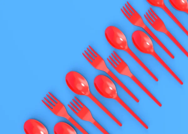 Set Disposable Utensils Spoon Fork Knife Blue Background Render Concept — Foto de Stock