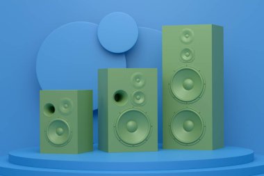 Monokrom arka planında Hi-fi hoparlörleri olan soyut sahne ya da podyum. Sahnede veya kaidede vinil kayıt oynatıcının ürün sunumu için 3d görüntü oluşturma