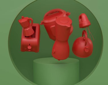 Monokrom arka planında mutfak aletleri ve aletleri olan soyut bir sahne ya da podyum. Ürün sunumu için 3d görüntü oluşturma veya ürünü sahnede, kaidede veya platformda gösterme