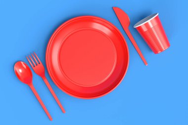 Set of disposable utensils like plate, folk, spoon,knife, cup and pepper and salt mill on blue background. 3d render concept of save the earth and zero waste