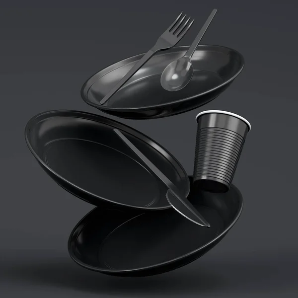 黒の背景に皿 フォーク スプーン ナイフ カップなどの使い捨て器具のセット 3Dレンダリングの概念は 地球とゼロ廃棄物を保存します — ストック写真