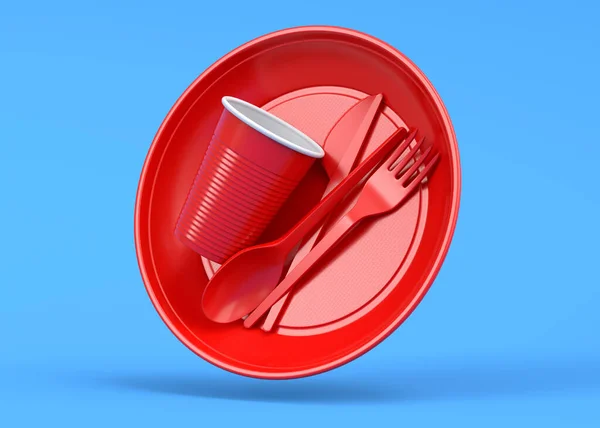 Set Disposable Utensils Plate Folk Spoon Knife Cup Blue Background — Stok fotoğraf