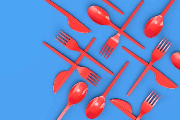 Set Utensilios Desechables Como Cuchara Tenedor Cuchillo Sobre Fondo Azul —  Fotos de Stock