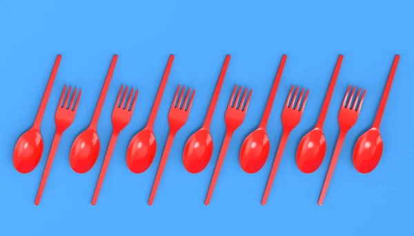 Set Disposable Utensils Spoon Fork Knife Blue Background Render Concept — Stok fotoğraf