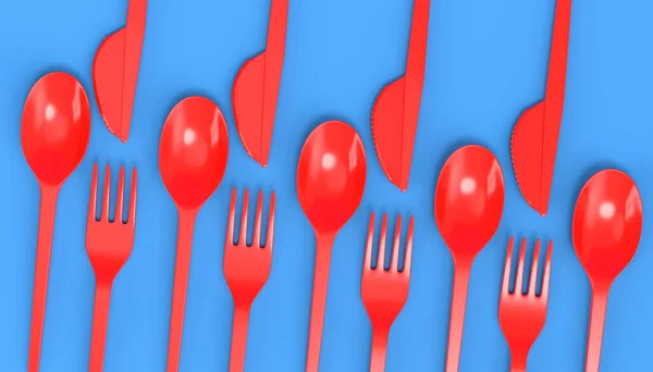 Set Disposable Utensils Spoon Fork Knife Blue Background Render Concept — Stockfoto