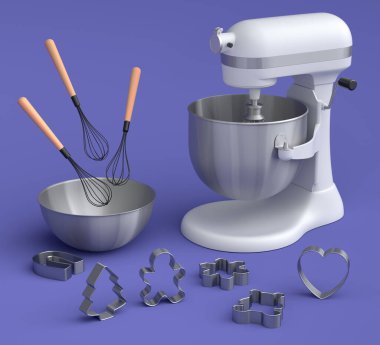 Mixer and metal bowl with kitchen utensil for preparation of dough on violet background. 3d render cooking process step by step and accessories for cooking, blending and mixing