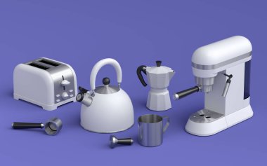 Electric kitchen appliances and utensils for making breakfast on violet background. 3d render of kitchenware for cooking, baking, blending and whipping