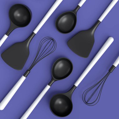 Wooden kitchen utensils, tools and equipment on violet background. 3d render of home kitchen tools and accessories for cooking