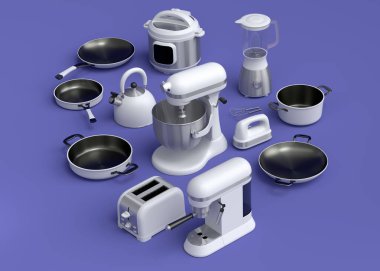 Electric kitchen appliances and utensils for making breakfast on violet background. 3d render of kitchenware for cooking, baking, blending and whipping