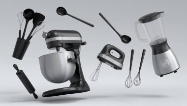 Beyaz arka planda hamur hazırlamak için mutfak gereçleriyle karıştırıcı ve metal kase. Aşçılık, harmanlama ve karıştırma için 3D pişirme süreci adım adım ve aksesuarları