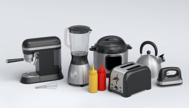 Beyaz arka planda hamur hazırlamak için mutfak gereçleriyle karıştırıcı ve metal kase. Aşçılık, harmanlama ve karıştırma için 3D pişirme süreci adım adım ve aksesuarları