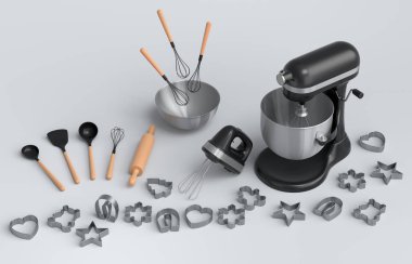 Beyaz arka planda hamur hazırlamak için mutfak gereçleriyle karıştırıcı ve metal kase. Aşçılık, harmanlama ve karıştırma için 3D pişirme süreci adım adım ve aksesuarları