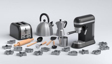 Beyaz arka planda hamur hazırlamak için mutfak gereçleriyle karıştırıcı ve metal kase. Aşçılık, harmanlama ve karıştırma için 3D pişirme süreci adım adım ve aksesuarları