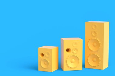 Hoparlörlü Hi-Fi hoparlörleri tek renkli arkaplanda izole edilmiş. Ses kayıt stüdyosu için müzik kutusu gibi 3D ses ekipmanları oluştur