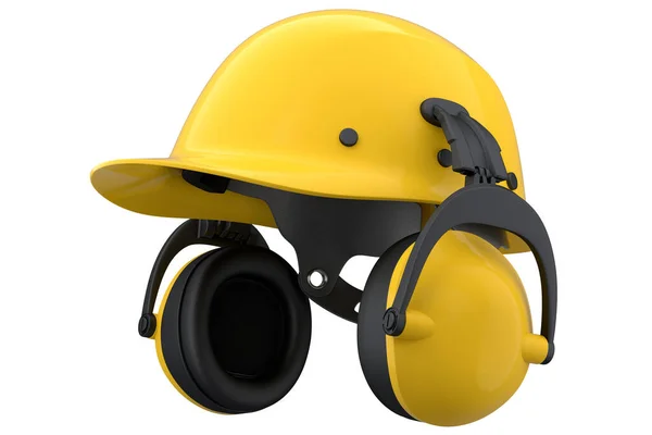 白い背景に隔離された黄色の安全ヘルメットやハードキャップやイヤフォンのマフ 3次元レンダリングとヘッドギアとハンディマンツールのイラスト — ストック写真