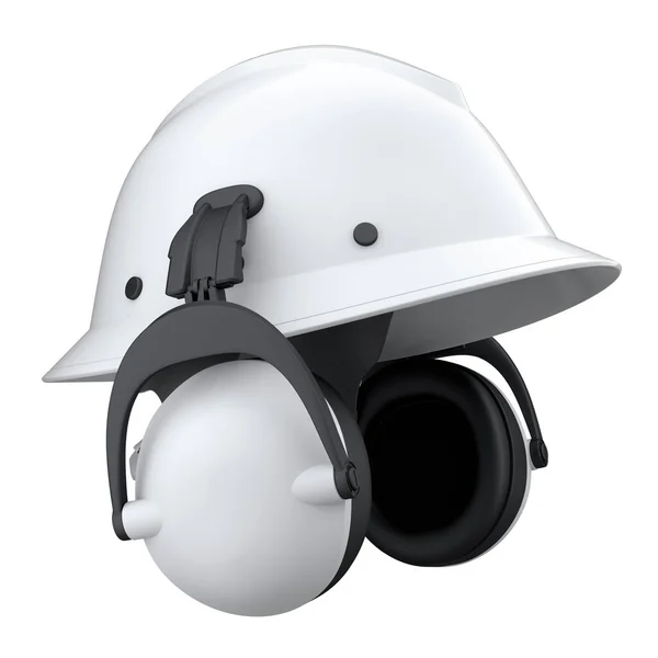 White Safety Helmet Hard Cap Earphones Muffs Isolated White Background — Stock Photo, Image