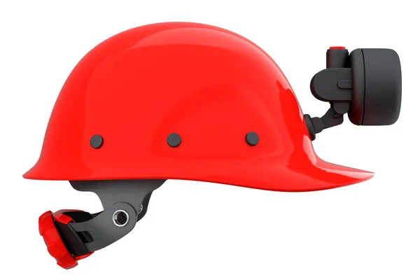 白い背景に隔離された懐中電灯付きの赤い安全ヘルメットやハードキャップ 3次元レンダリングとヘッドギアとハンディマンツールのイラスト — ストック写真