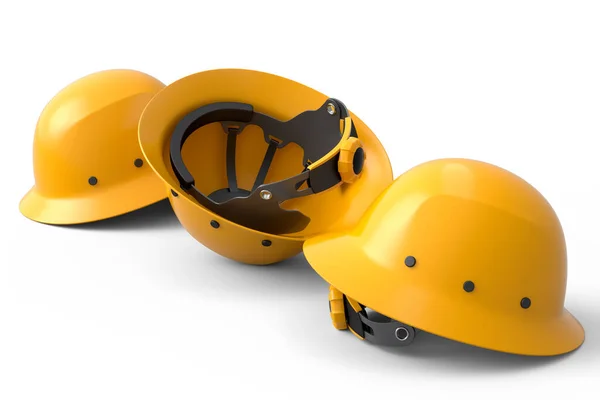 白い背景に安全ヘルメットやハードキャップのヒープ 3Dレンダリングと大工仕事や労働者のヘッドウェアのためのツールのイラスト — ストック写真
